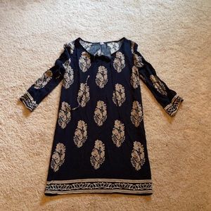Navy blue dress with ivory/tan design